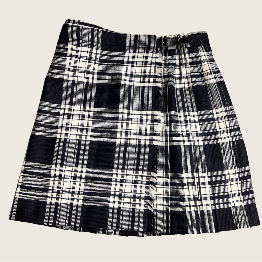 100% Wool Woolmark Black and White Plaid Wrap Skirt, Size 14